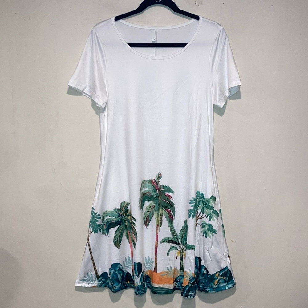 Tropical Palm Print Midi Dress – Soft Stretch Knit, Smoothing Fit, Resort‑Ready